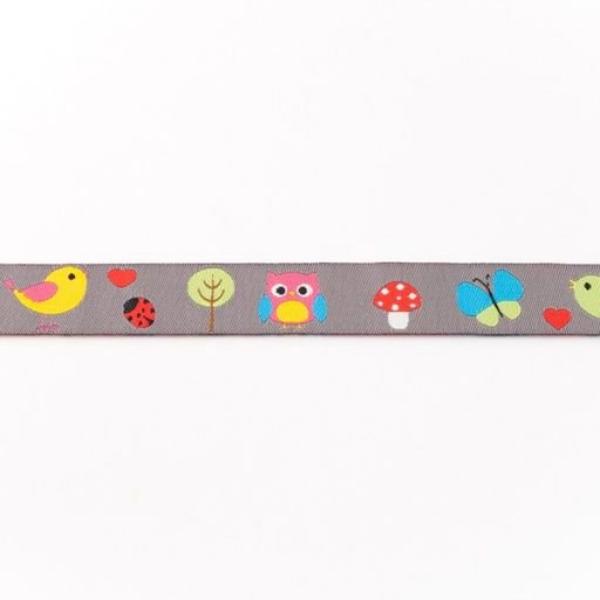 Webband Breite 16 mm Eulen, Vögel, Schmetterlinge auf Grau